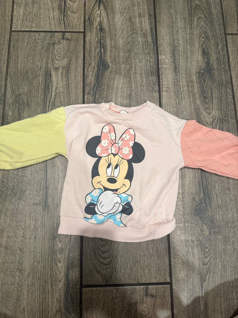 Disney Pink Minnie Mouse Sweatshirt with Yellow and Coral Sleeves